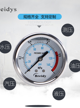 压力表YN60Z轴向不锈钢耐震压力表测水压气压通用0-1.6/100MPa