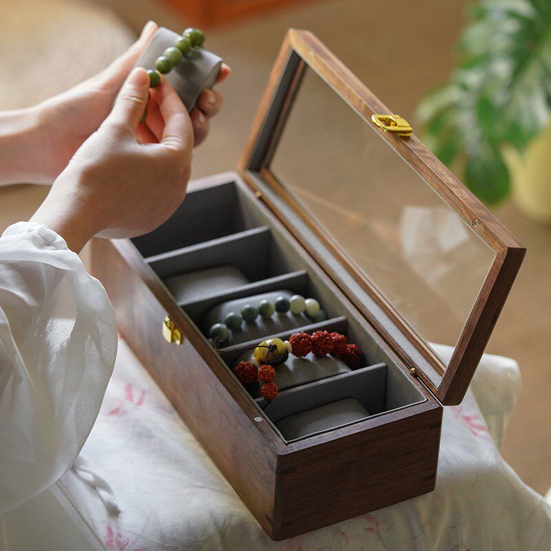 黑胡桃实木防尘天窗带盖收纳盒文玩手镯菩提手串陈列展示盒收藏箱
