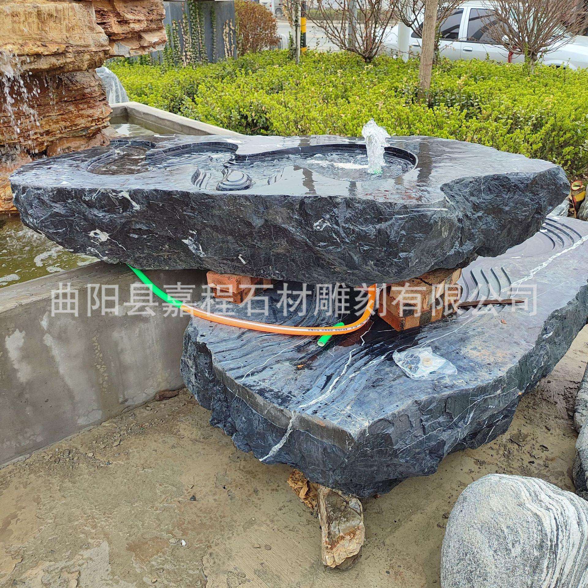 天然黑石不规则形庭院流水景观室内外黑山石涌泉循环喷水钵池装饰