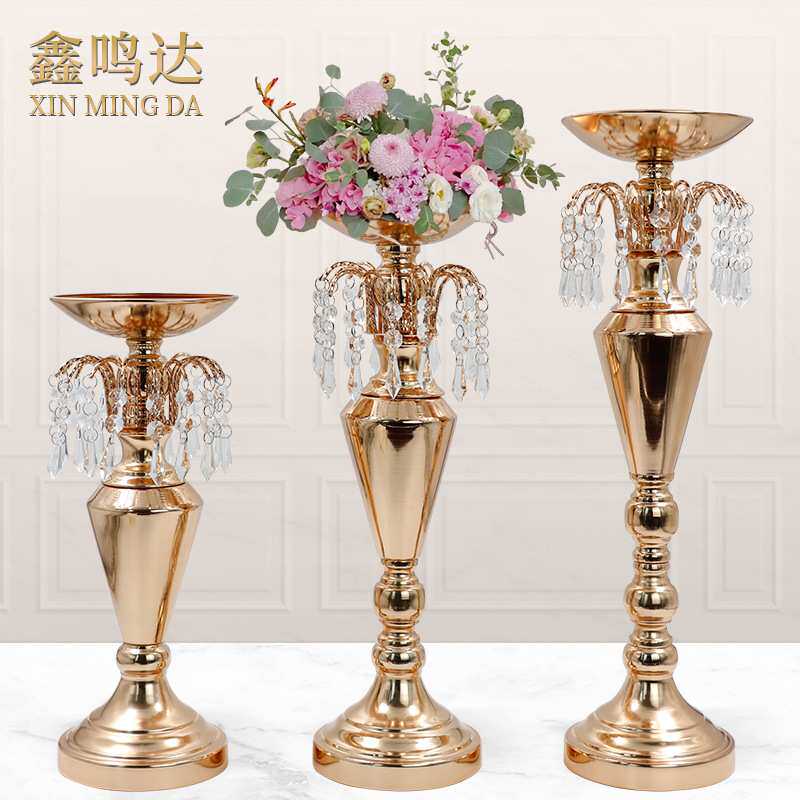 跨境欧式花瓶摆件金属铁艺装饰花器电镀婚礼落地摆件水晶吊坠花架