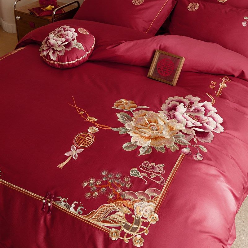 新中式轻奢刺绣花结婚庆全棉四件套100S纯棉红陪嫁床上喜被套床单