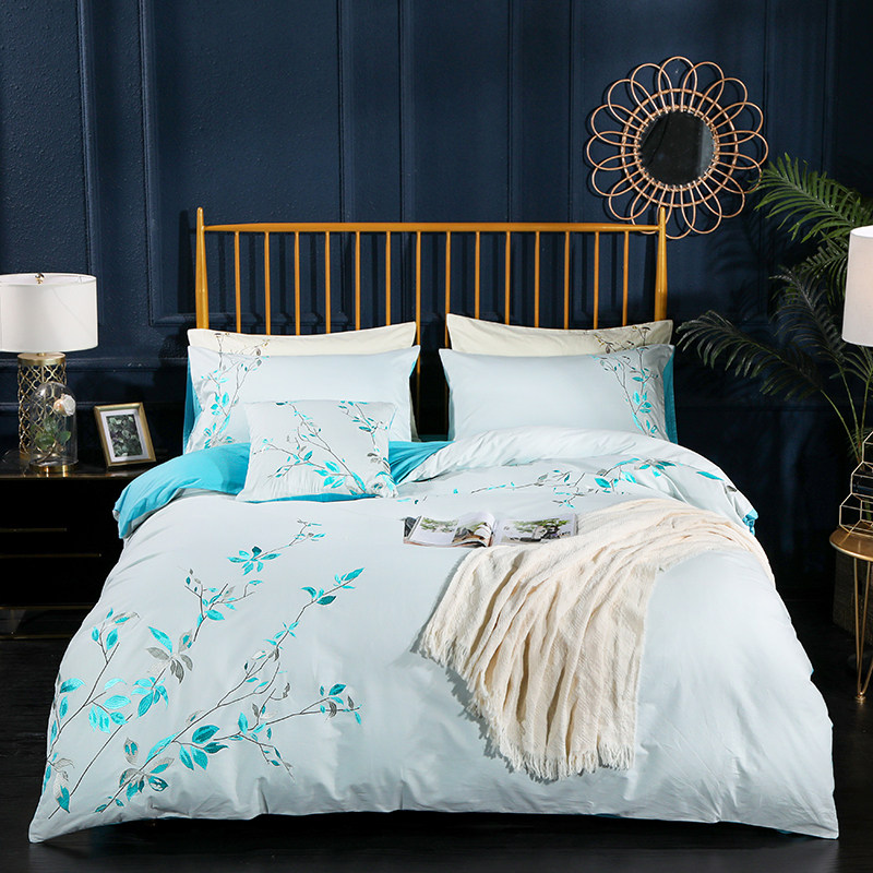 新款简约绣花纯棉四件套全棉斜纹厚实刺绣被罩双人被套床上用品