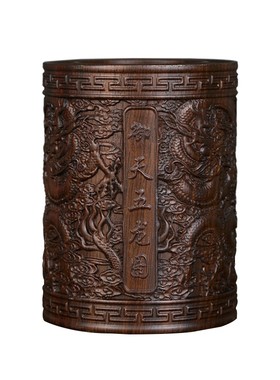 实木笔筒办公室桌面摆件高档黑檀木雕刻老板桌书房木制收纳摆件