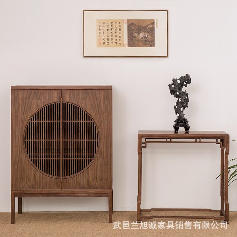 新中式餐边柜实木黑胡桃木色餐厅柜储物柜简约边柜茶水柜禅意玄关