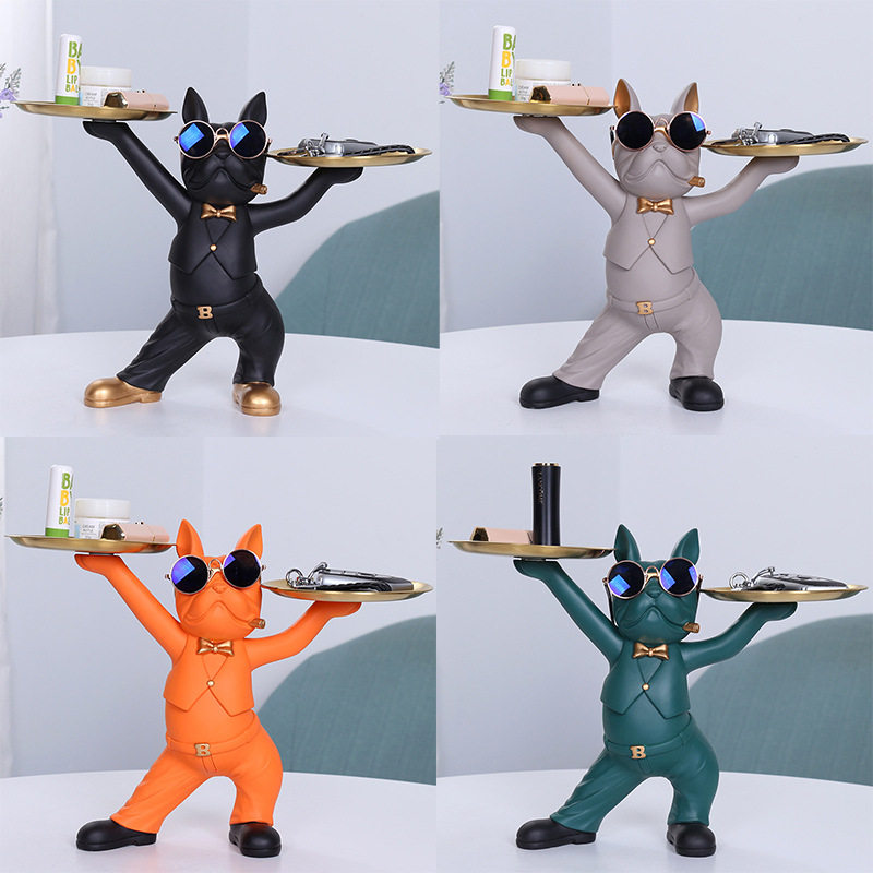 入门玄关摆件戴墨镜酷狗斗牛犬托盘创意茶几收纳装饰结婚创意收纳