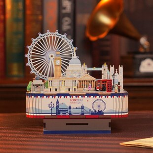 同趣拼装八音盒伦敦风情音乐盒diy手工积木摩天轮摆件生日礼物