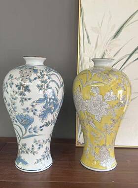 青花瓷新中式黄色陶瓷花瓶手绘水培花瓶创意摆件客厅桌面装饰礼品