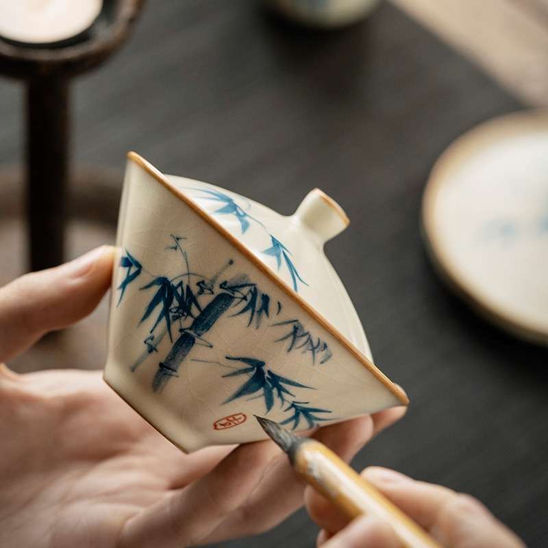 汝窑手绘斗笠三才盖碗单个大号家用陶瓷手工茶碗带盖茶具茶杯