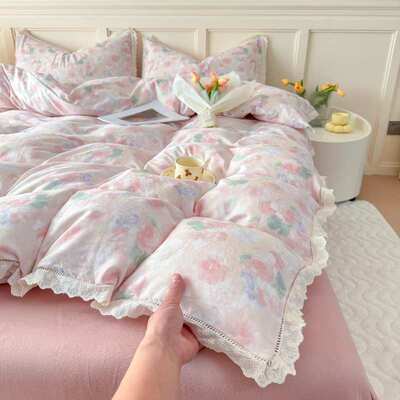 A类韩式公主风全棉水洗棉四件套小清新花边田园风被套床单三件套