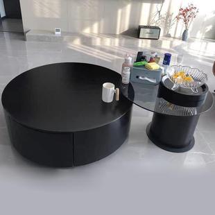 实木岩板圆形茶几钢化玻璃边几组合家用客厅意式极简约纯黑纯白色