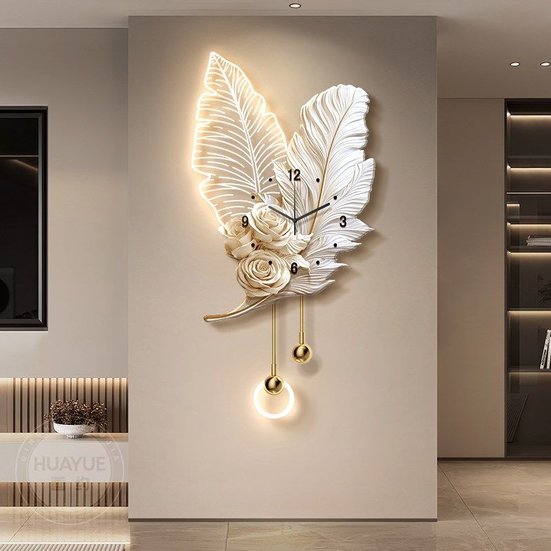 羽毛电视背景墙装饰画轻奢客厅钟表挂画高级感创意格栅壁灯挂件