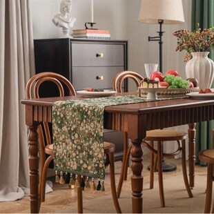 法式田园绿色小花草地提花流苏桌旗美式复古长条餐桌垫茶几旗盖巾