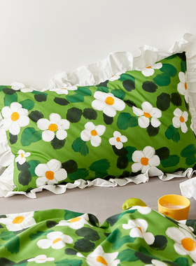 梦谷美家 荷叶边纯棉枕套一对装绿色48*74cm文艺单人花边款枕头套