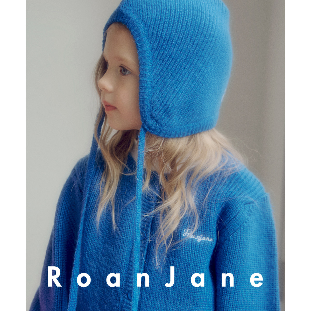 韩国RoanJane童装儿童针织帽保暖男童毛线帽子女童秋冬护耳帽蓝色