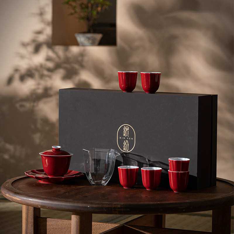 颜色釉手工陶瓷功夫茶具套组创意家用盖碗茶杯整套礼盒装商务礼品