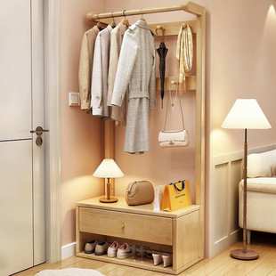 全实木入户门落地衣帽架挂衣架换鞋凳一体家用卧室床头收纳置物架