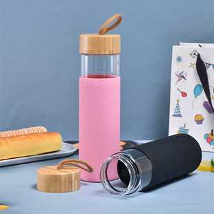 大容量单层竹盖玻璃杯硅胶套防烫耐高温简约学生杯高鹏硅随行水杯