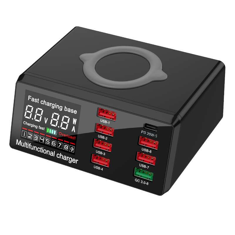 多功能手机充电器QC3.0多口USB智能显示电压电流PD20W 无线充电器