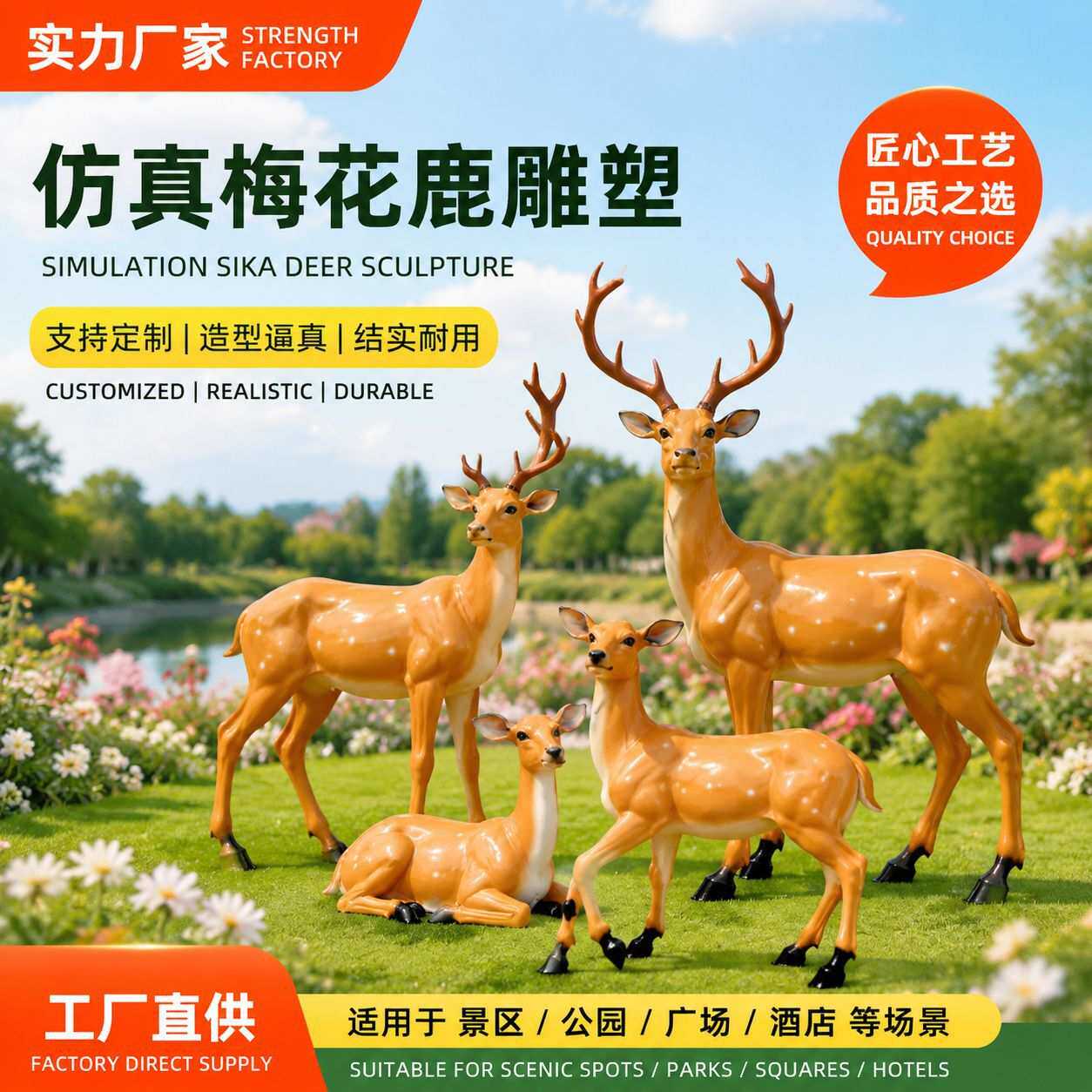 定制仿真玻璃钢梅花鹿雕塑摆件树脂工艺品户外园林庭院景观装饰