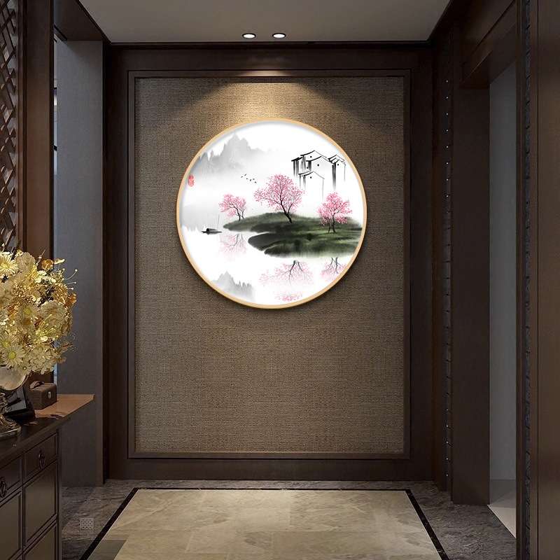 水墨禅意新中式山水画客厅圆框装饰画玄关走廊书房茶室圆形挂画