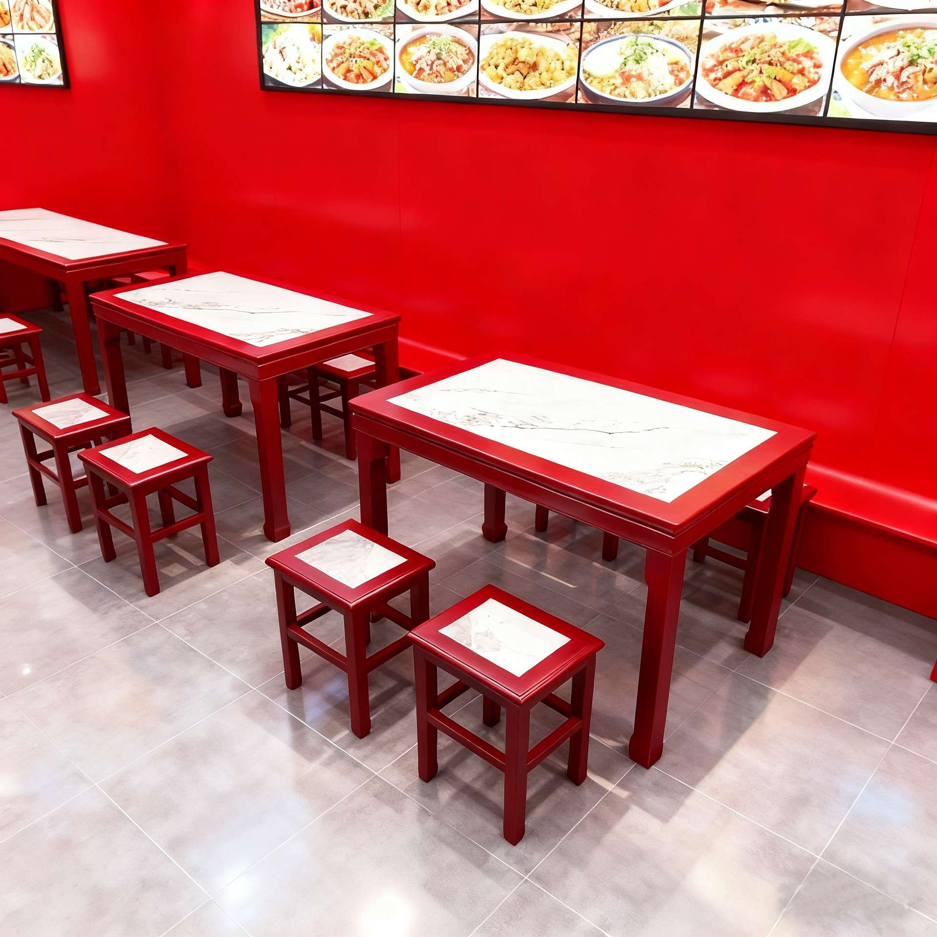 仿古实木面馆早餐小吃店桌椅快餐桌大理石圆形商用饭店方桌子组合