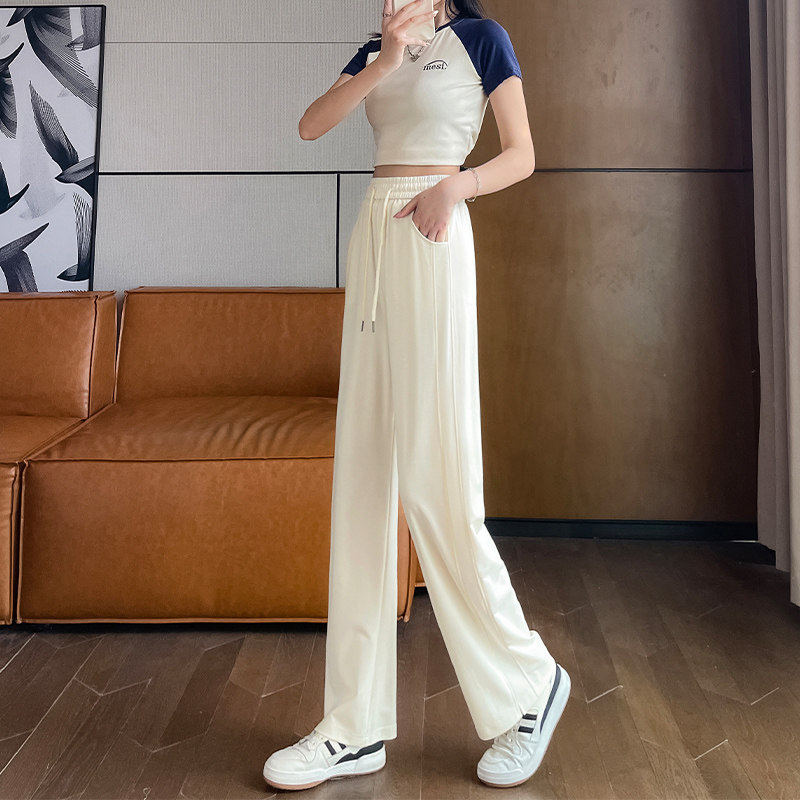 冰丝运动厚棉裤女夏季薄款垂感窄版阔腿裤灰色休闲春秋直筒香蕉裤