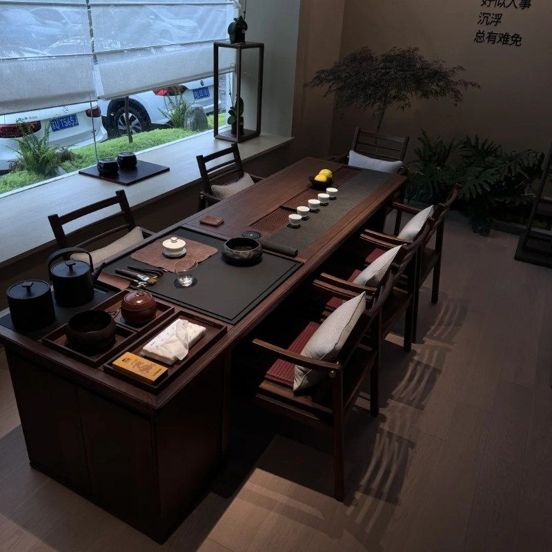 新中式茶桌现代简约轻奢一体侘寂风家用办公室嵌入式实木大板茶台