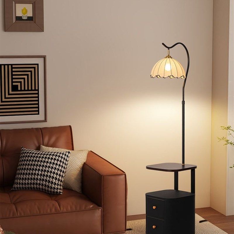 落地灯实木床头柜一体中古风卧室高级感客厅沙发旁边氛围边几台灯