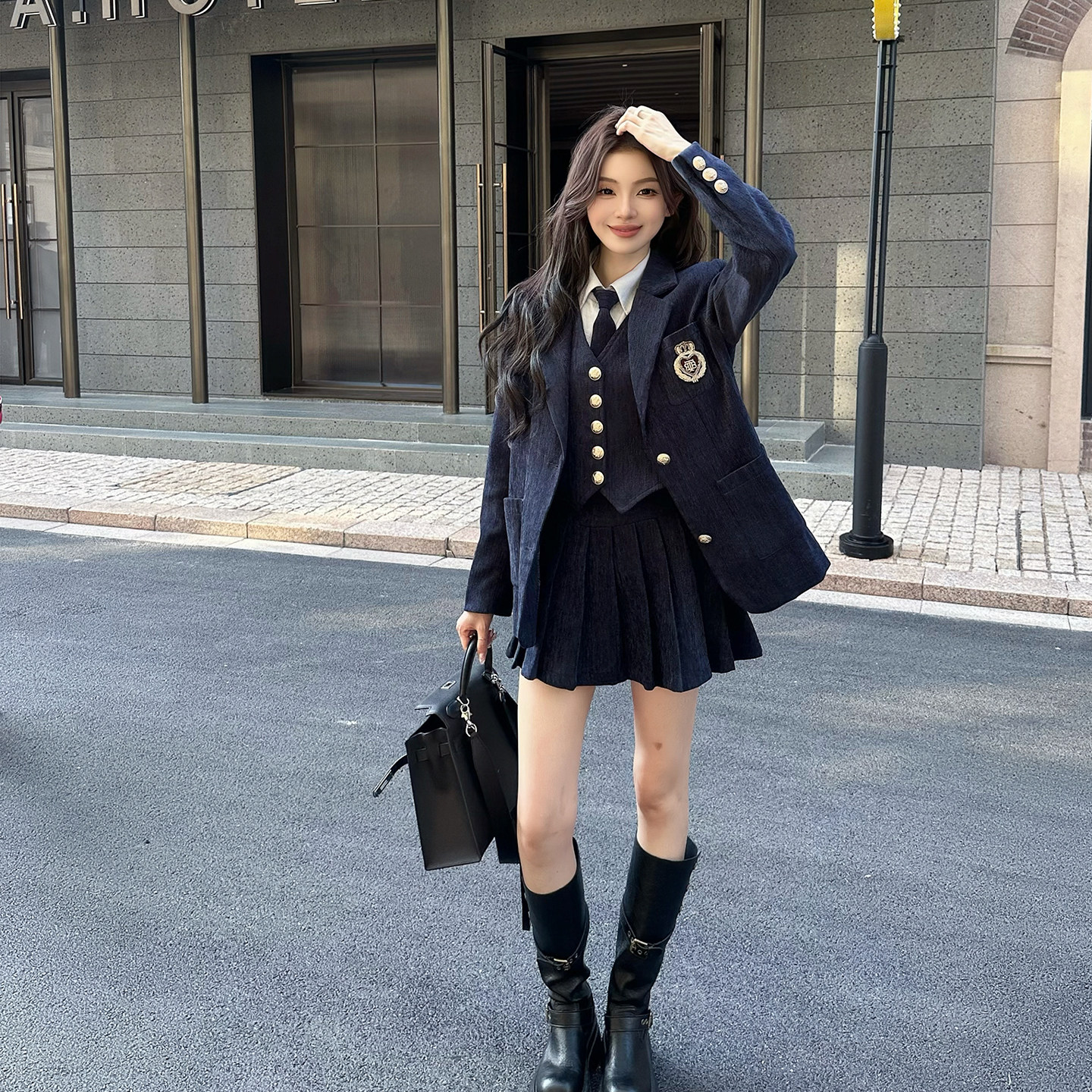 乖乖坏坏 伦敦日记/藏青色西装套装女冬韩系千金感宽松显瘦4件套