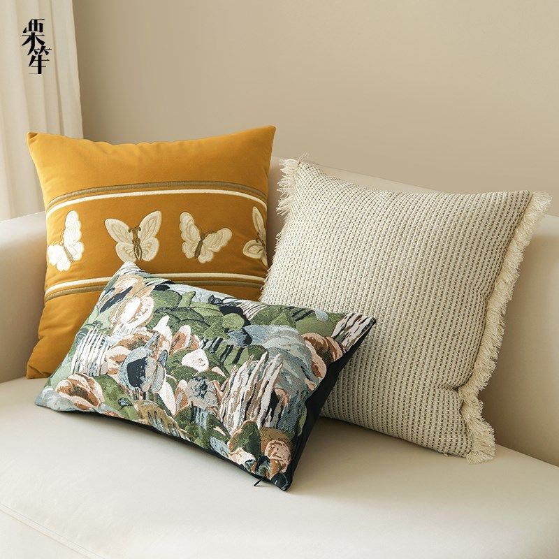 法式中古绿色莫奈森林抽象高端新中式客厅沙发靠垫抱枕套靠枕套