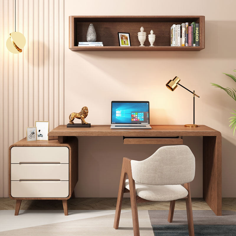 简约转角书桌北欧电脑现代办公伸缩家用双人写字台吊柜键盘托配件