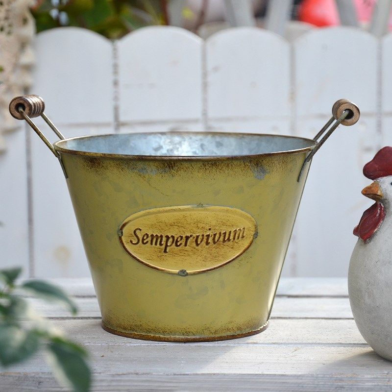 铁桶铁皮桶美式复古做旧黄色花盆花桶花器铁艺角堇幼儿园装饰桶,家居饰品,花桶,淘宝优惠券,粉丝福利购,淘宝优惠卷