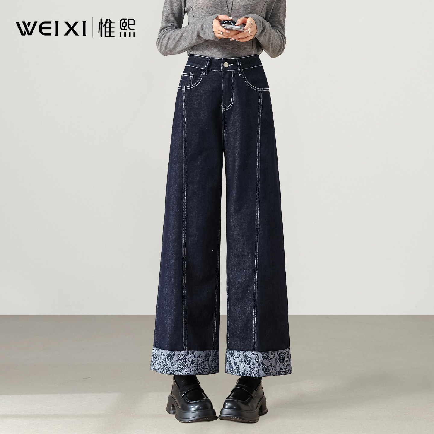 丹宁蓝九分阔腿牛仔裤女夏季2026新款宽松显瘦设计感印花直筒裤子