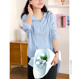 小耳出品【桑蚕丝绵羊毛混纺】连帽抽绳针织衫女半开襟按扣上衣