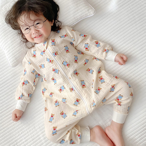 宝宝睡袋夏季薄款纱布纯棉春秋婴儿分腿防踢男童女童儿童连体睡衣