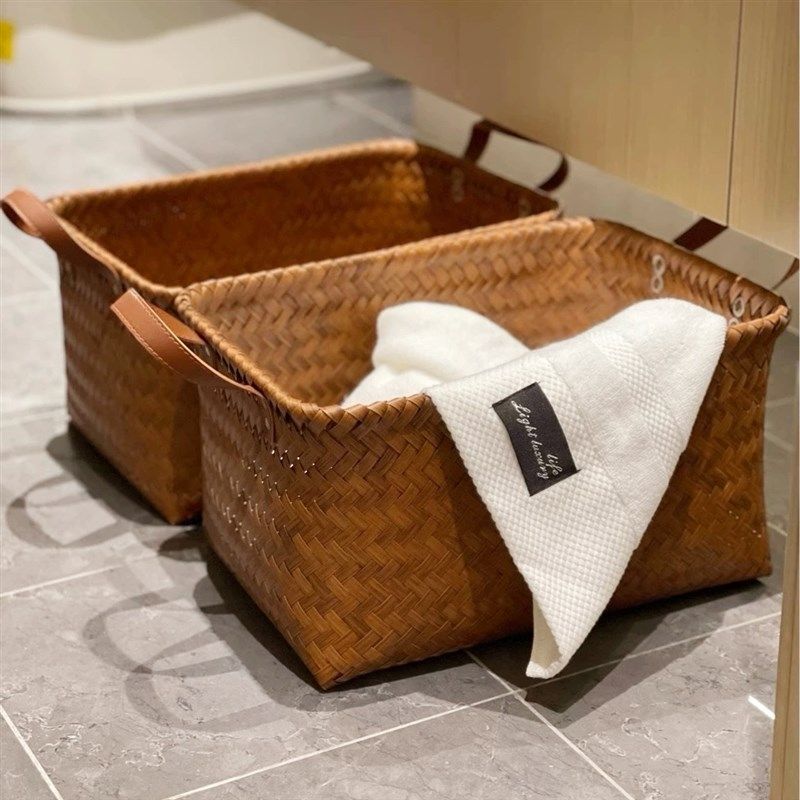 可水洗!覆古高级彷藤编收纳篮零食玩具脏衣篓杂物储物框野餐篮子