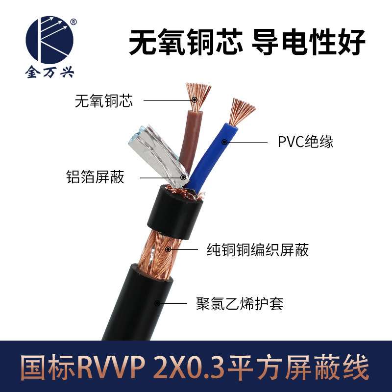 金万兴国标电缆RVVP屏蔽线2*0.3平方2芯纯铜PVC护套双屏蔽电线