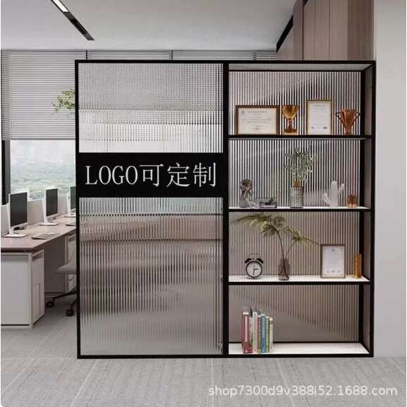 简约公司玻璃隔断墙客厅玄关柜办公室进门前台LOGO形象屏风置物架图片