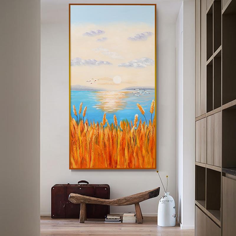 手绘砂岩肌理立体油画风景酒店挂画装饰画轻奢客厅玄关画海边日出