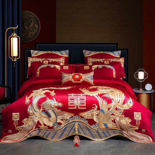 全棉纯棉长绒棉婚庆四件套红色结婚婚嫁喜被龙凤刺绣新婚床品套件