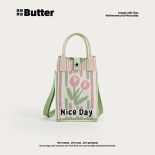 Butter可爱花卉系针织包通勤便携零钱袋迷你手提包单肩斜挎手机包