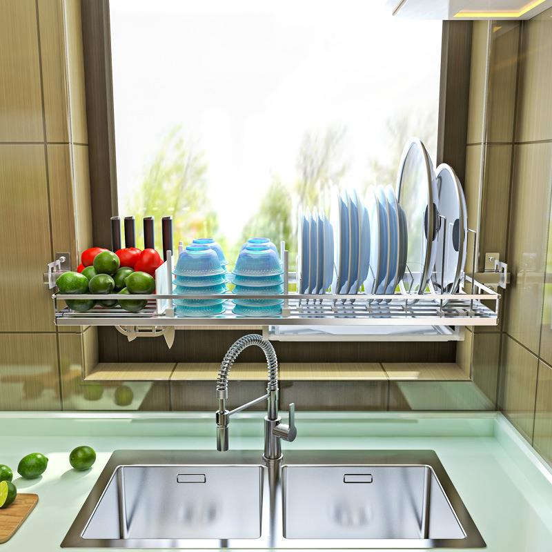 免打孔厨房置物架壁挂碗碟盘子沥水收纳架304不锈钢窗户置物架子