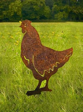 外观生锈金属母鸡头朝下鸡啄农场动物蛋花园木桩院艺术雕塑礼品
