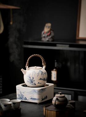 复古白色提梁壶粗陶茶壶陶瓷带过滤单壶电陶炉炭炉全套围炉煮茶器