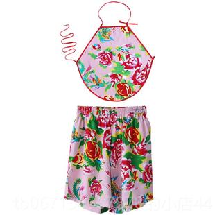 沙成人民族风舞台演 女士兜兜滩裤 高档出东男北大花布肚兜短裤 套装