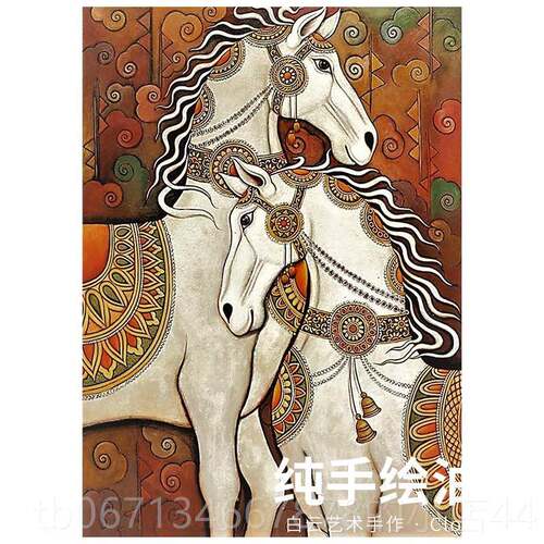 高档美式复古物色骏马动装饰挂画客厅玄关落摆件地马到成白功手绘