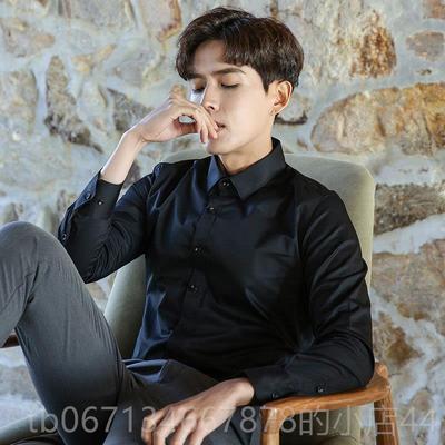 高档白衬衫男长袖新款高级商修身皱工作服工务装结抗婚男士衬白色