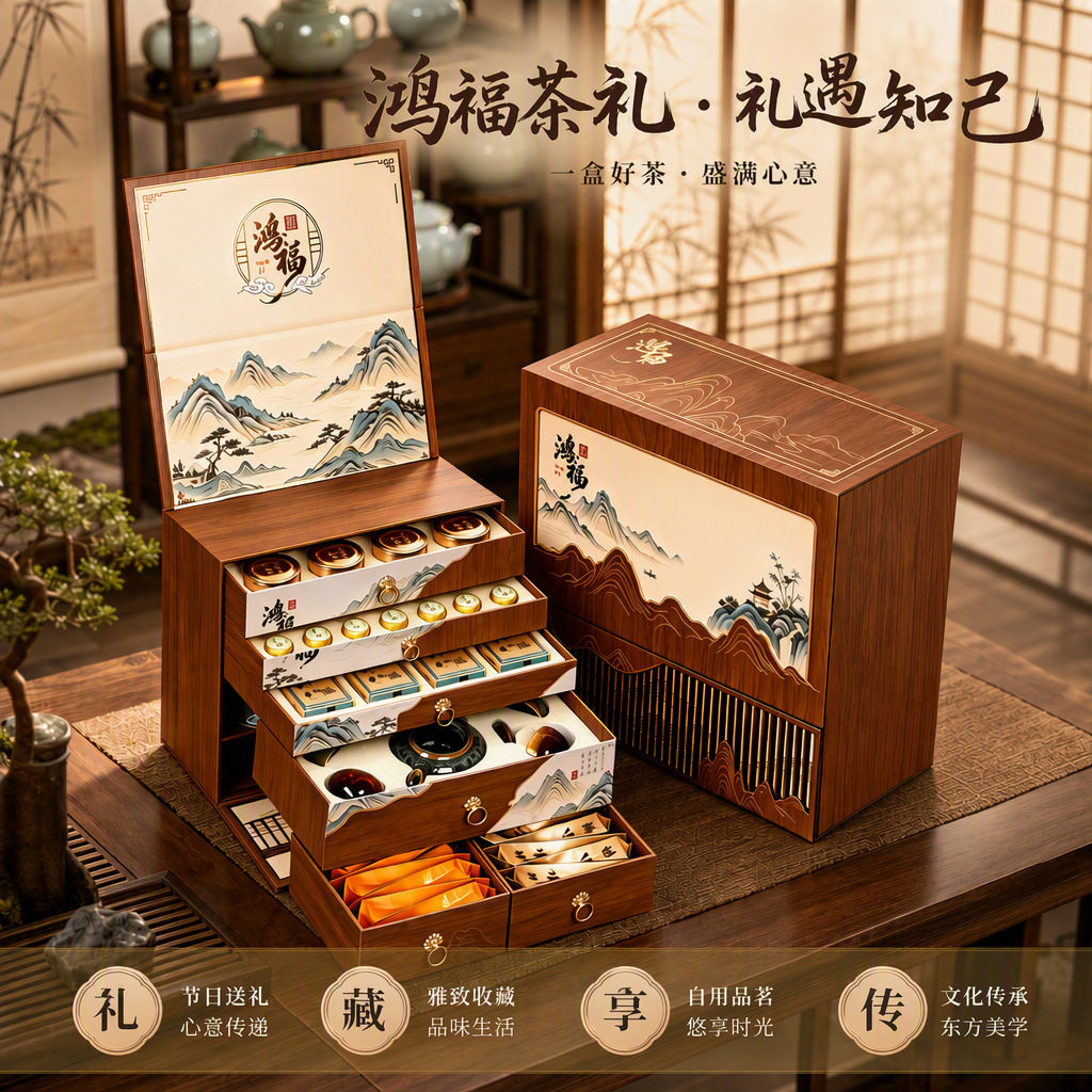 多层抽屉国风茶礼5种茶叶集齐
