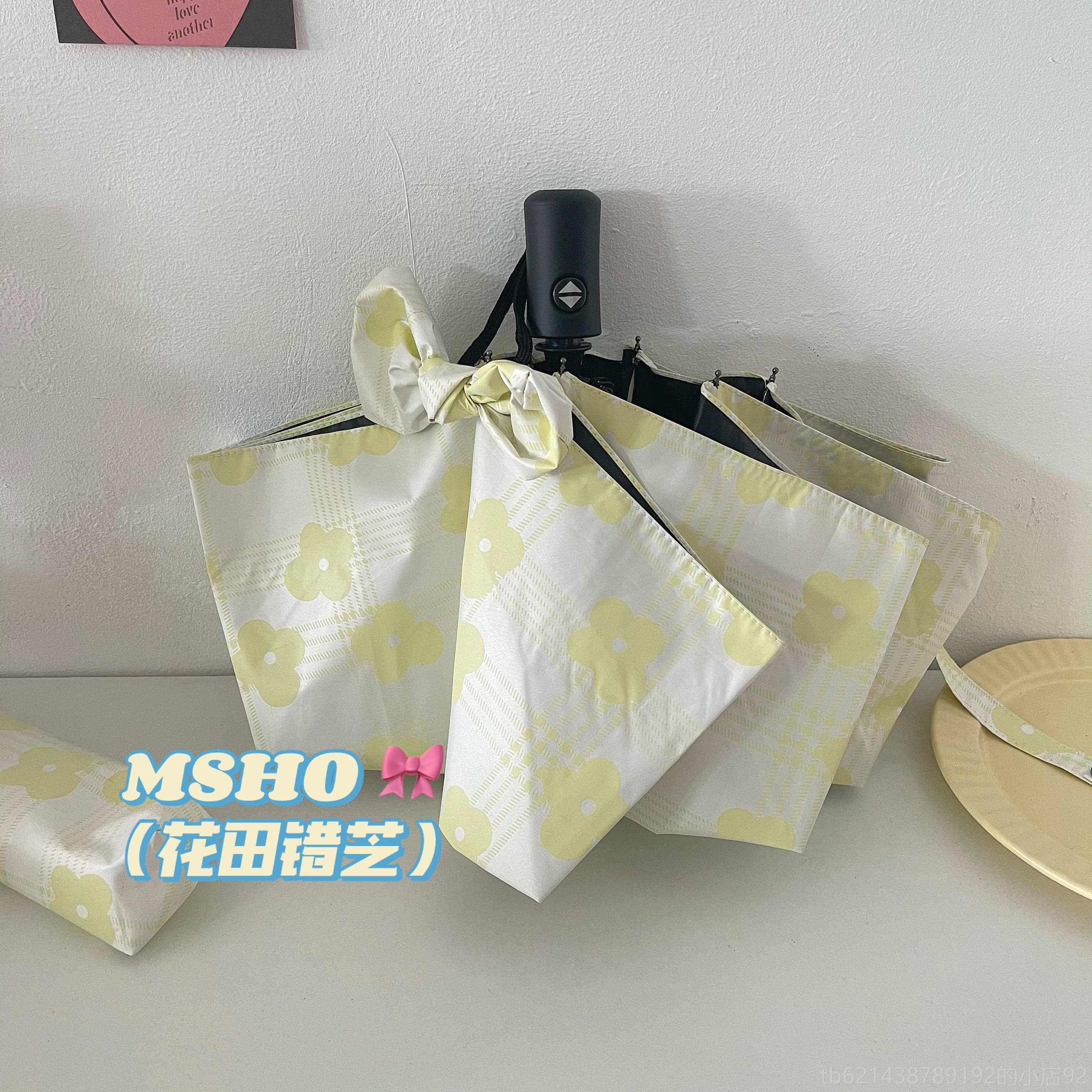 高档mso/花h田错芝格纹自动日折系晴雨两用女伞黑胶叠雨伞可携/式