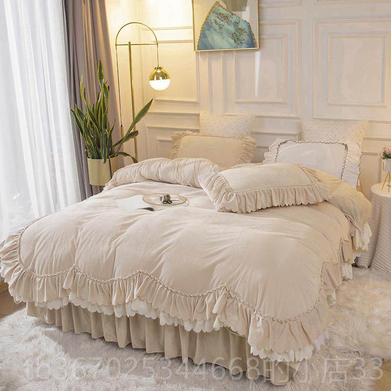 正品被冬季加绒珊瑚绒上四套荷叶边件床套水晶绒公主风床裙双面法
